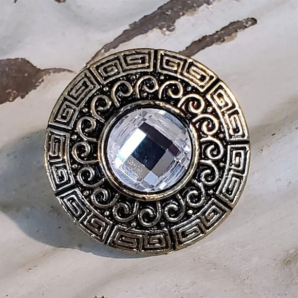 Y2K Bronze Clear Faceted Crystal Round Greek Key Cocktail Ring Vintage Grunge - Picture 6 of 9